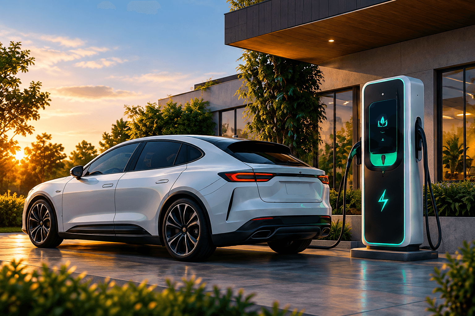 Electric vehicle charging station with a white EV plugged in