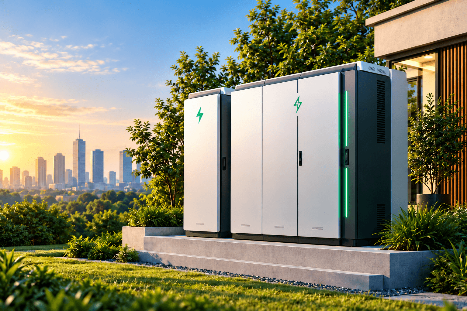 Home battery energy storage system installed beside a residential wall